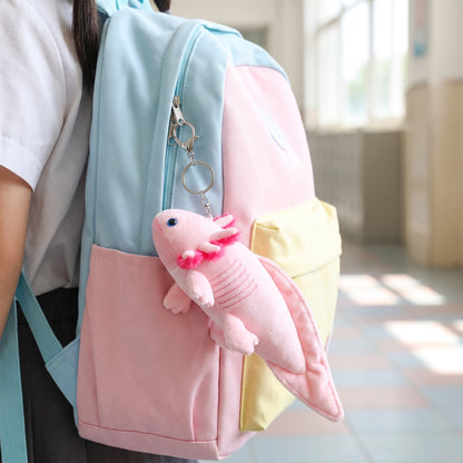 Axolotl bag charm on a school backpack