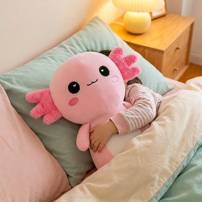 Child hugging the AxiPop axolotl plush at bedtime