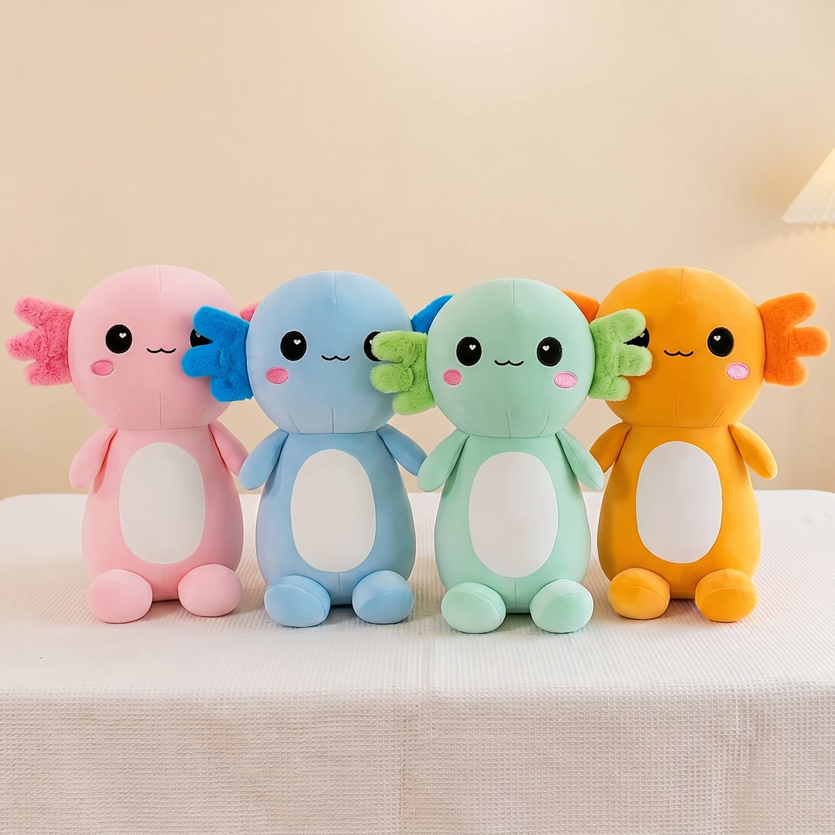 AxiPop axolotl plush in pink, blue, green and orange